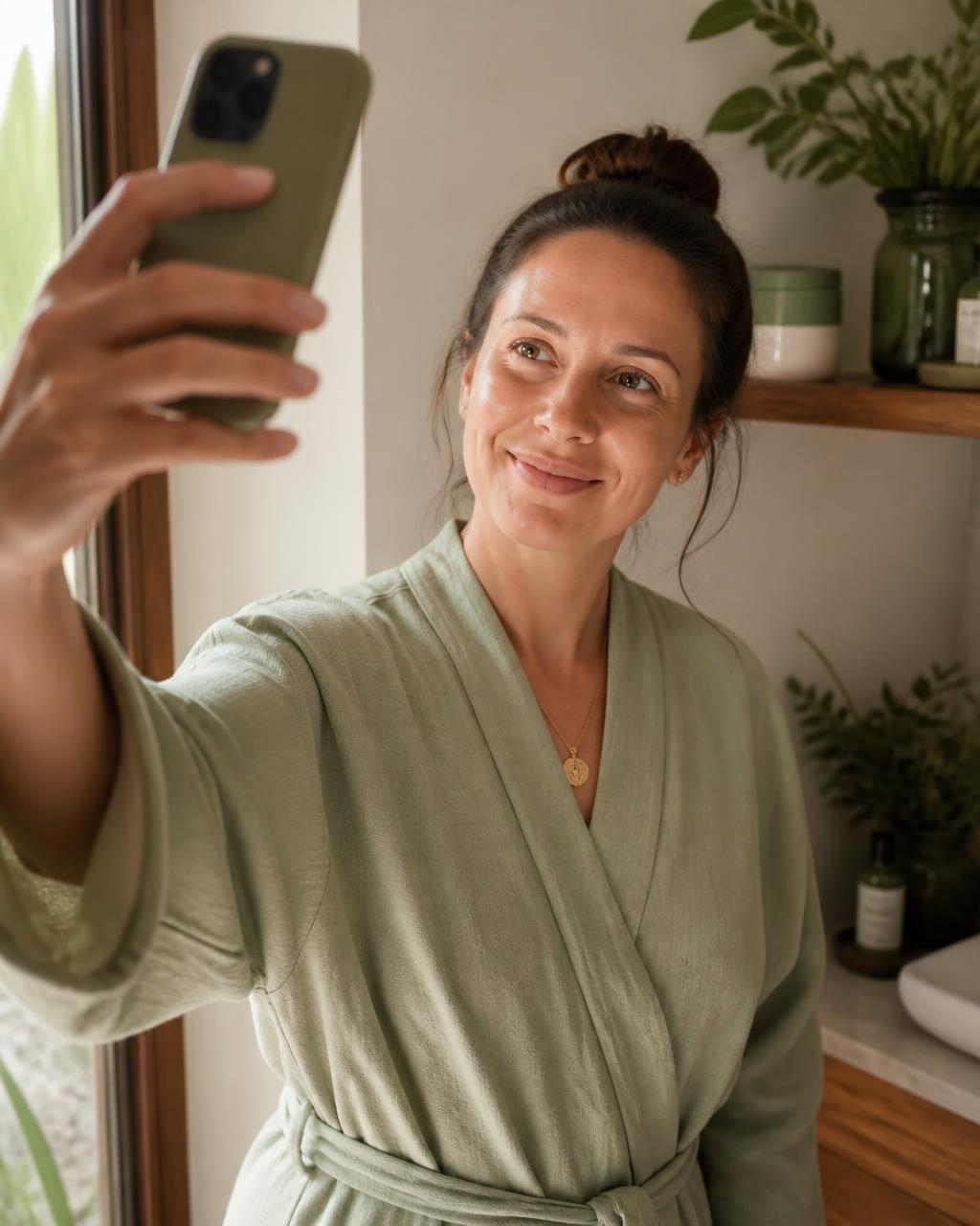 A person smiling gently while taking a morning selfie in soft natural light